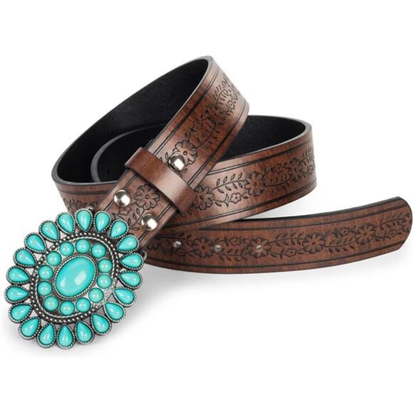 Western Turquoise Belt Embossed PU Leather Cowgirl Belt for Jeans Pants Dresses - Picture 8 of 10